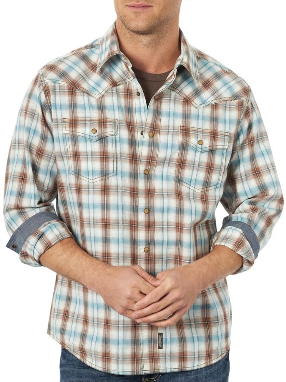 Wrangler Light Blue and Brown Plaid Casual Button-Down Shirt